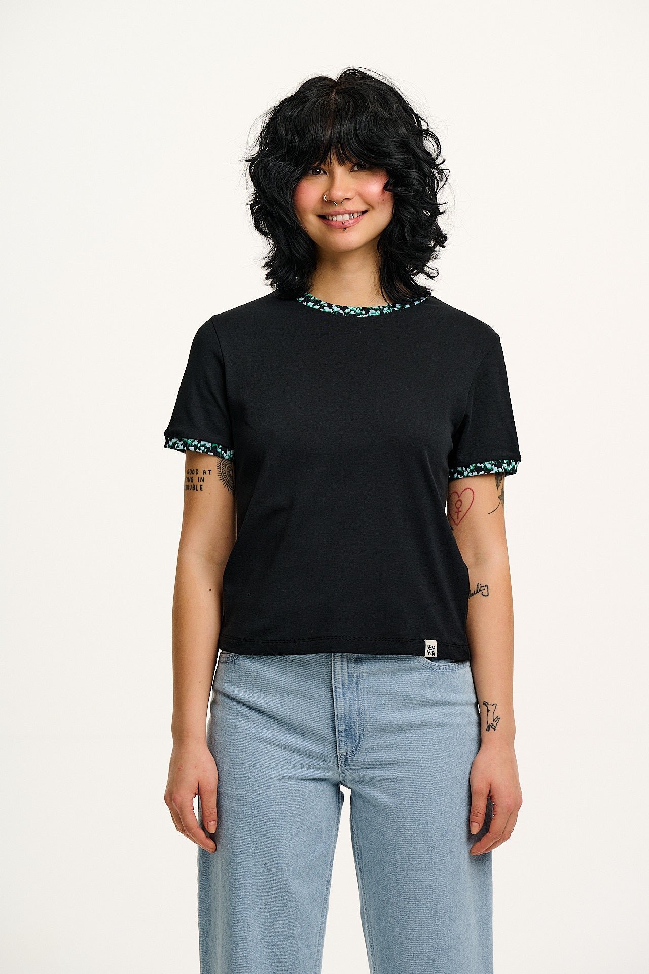 Maya - Cotton Tee in Black with Ditsy Floral Print