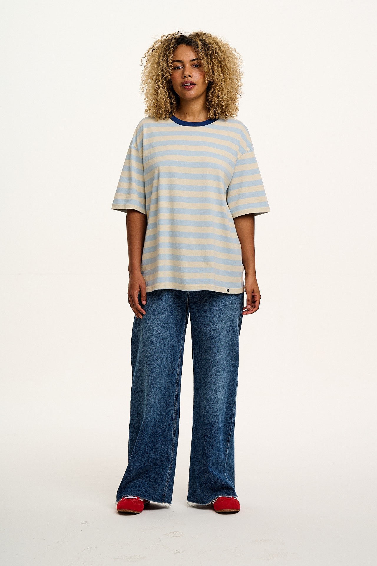 Benny - Oversized Cotton Tee in White & Blue Stripe - Image 5