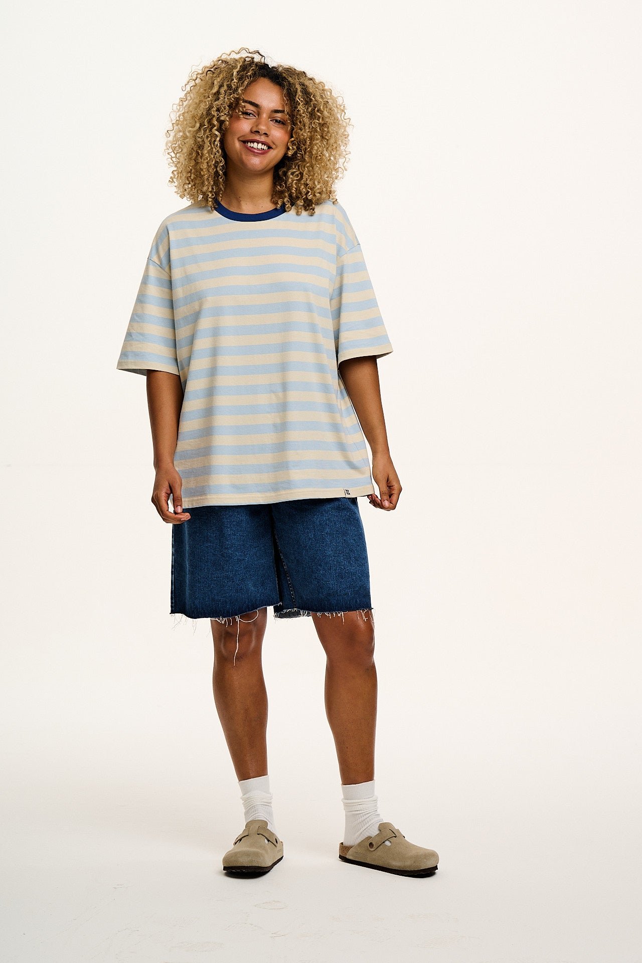 Benny - Oversized Cotton Tee in White & Blue Stripe - Image 8
