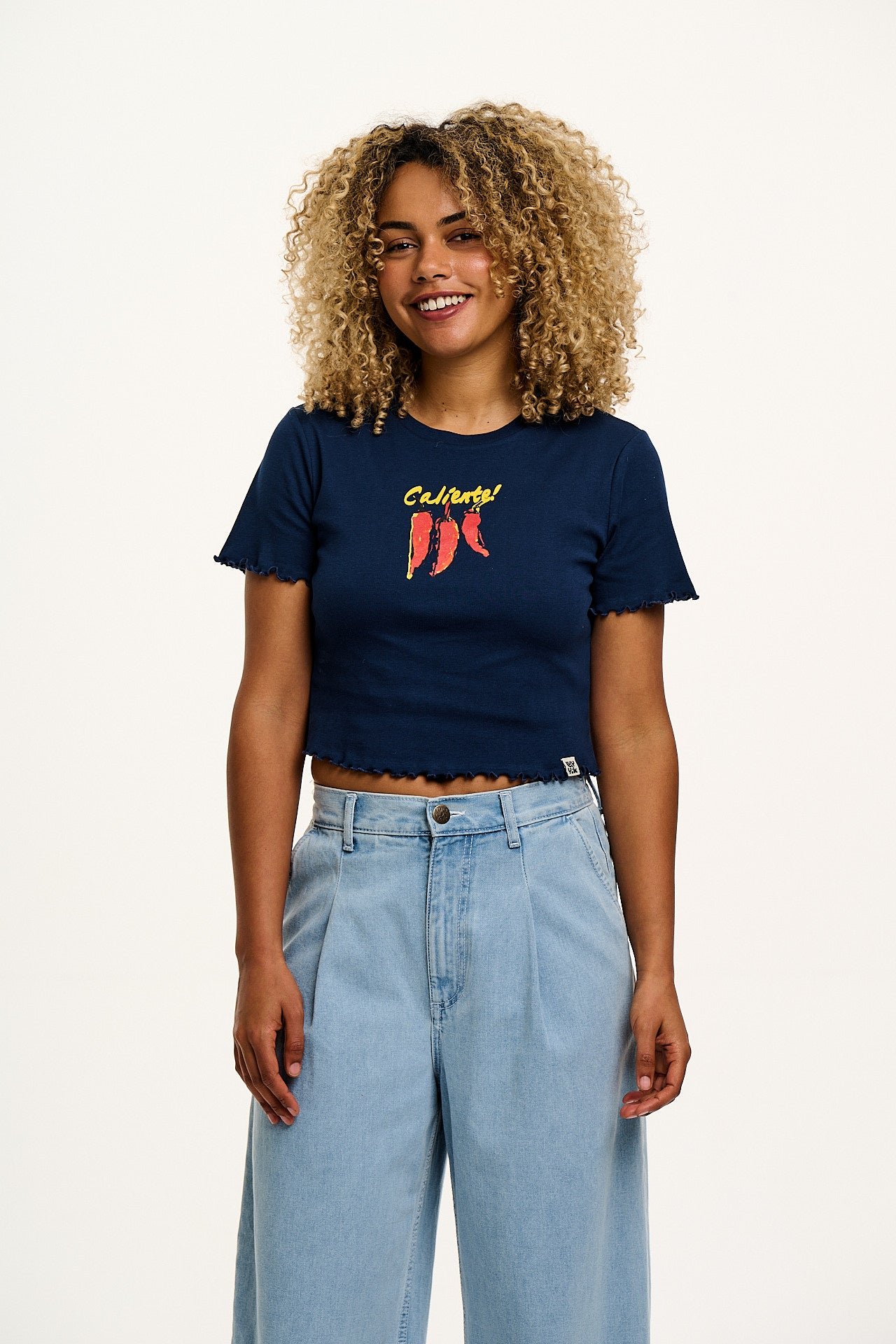 Greta - Cropped Cotton Top in Navy Caliente! Print