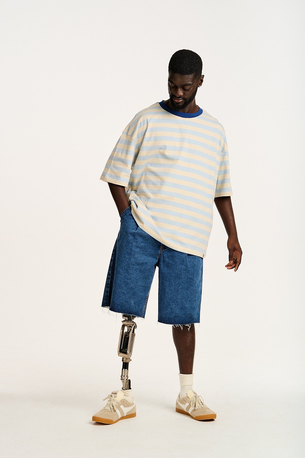 Benny - Oversized Cotton Tee in White & Blue Stripe