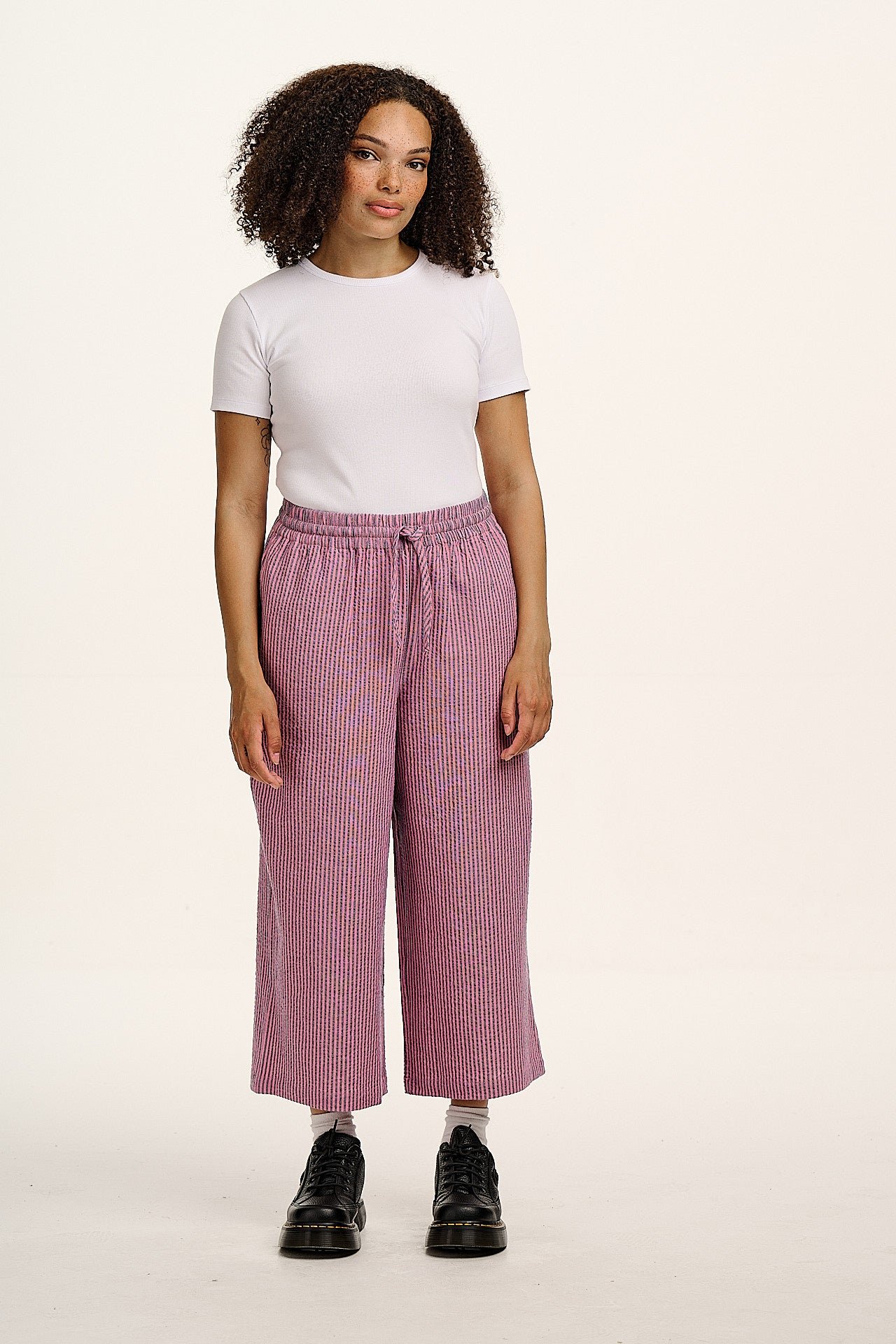 Chuck - Wide Leg Cotton Trousers in Pink & Blue Stripe - Image 11