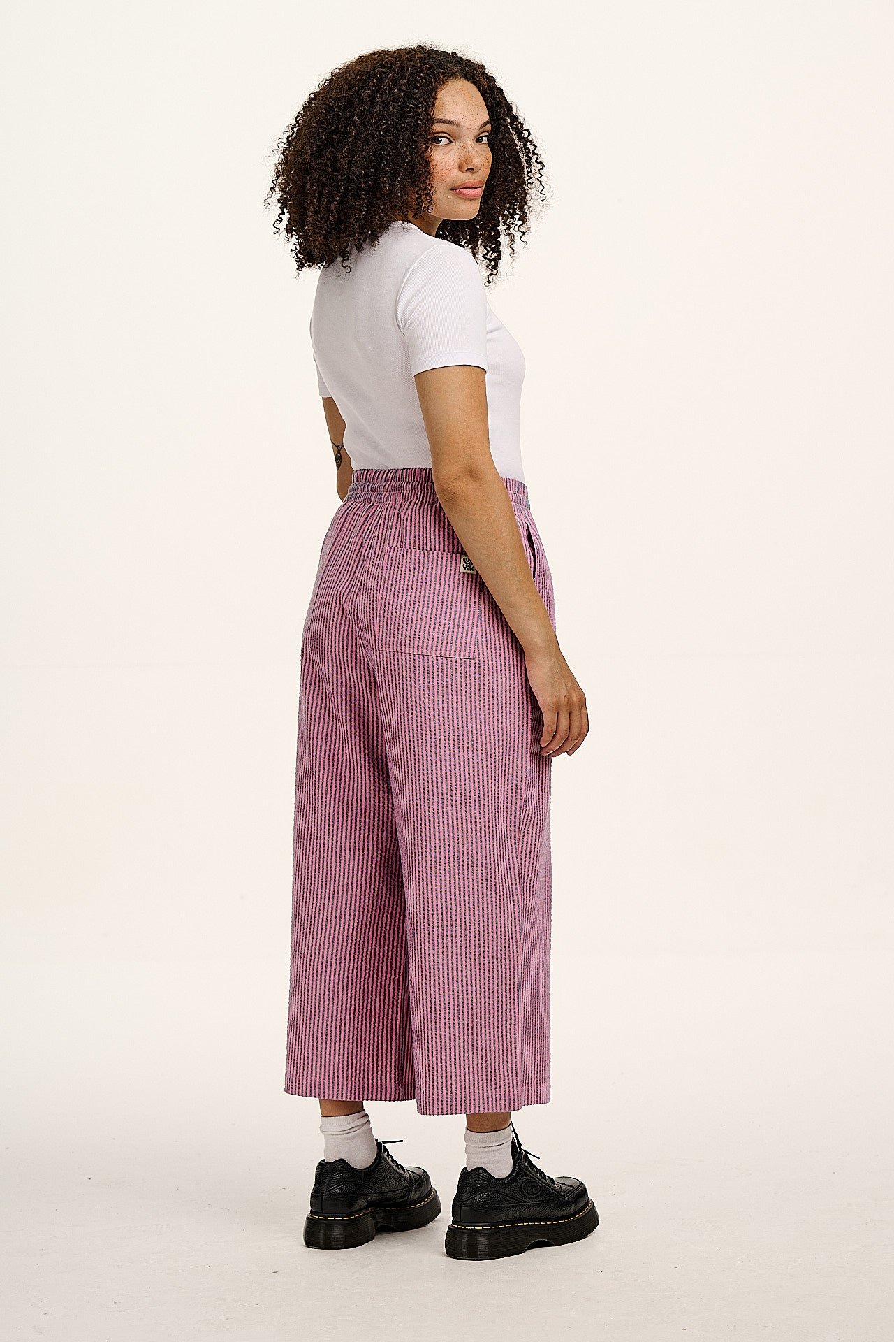 Chuck - Wide Leg Cotton Trousers in Pink & Blue Stripe - Image 4