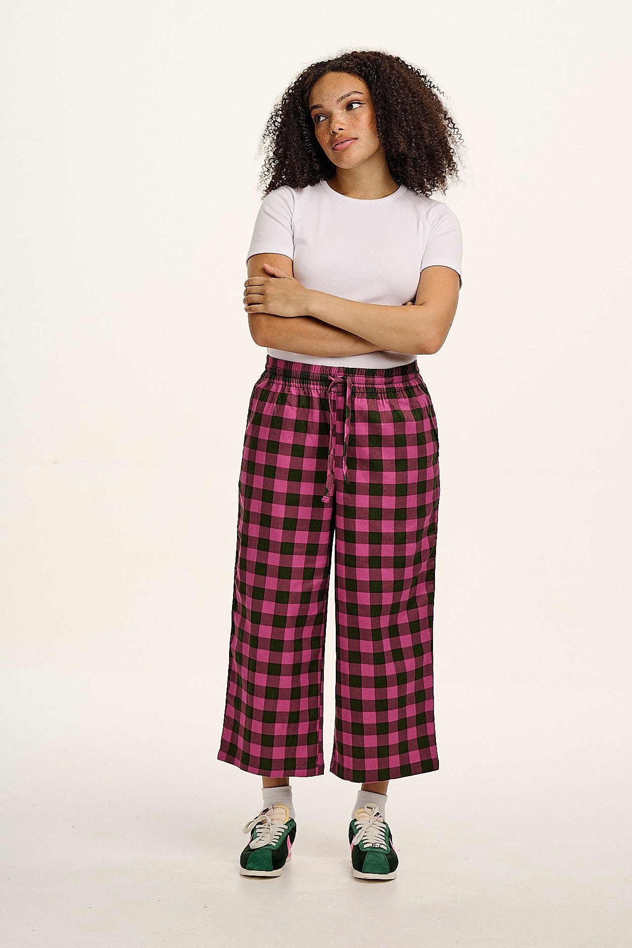 Chuck - Wide Leg Cotton Trousers in Pink and Green Checkerboard - Image 5