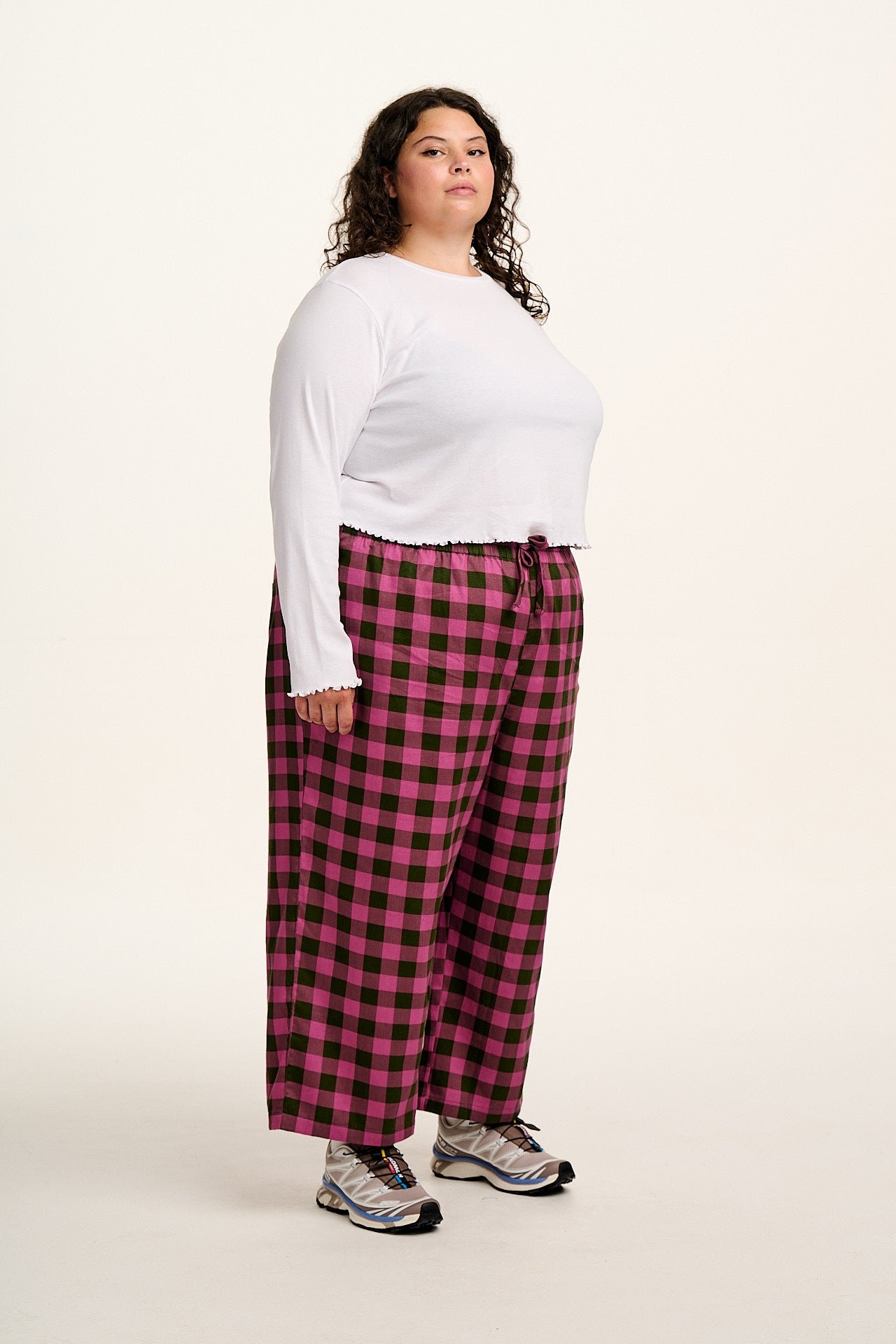 Chuck - Wide Leg Cotton Trousers in Pink and Green Checkerboard - Image 2