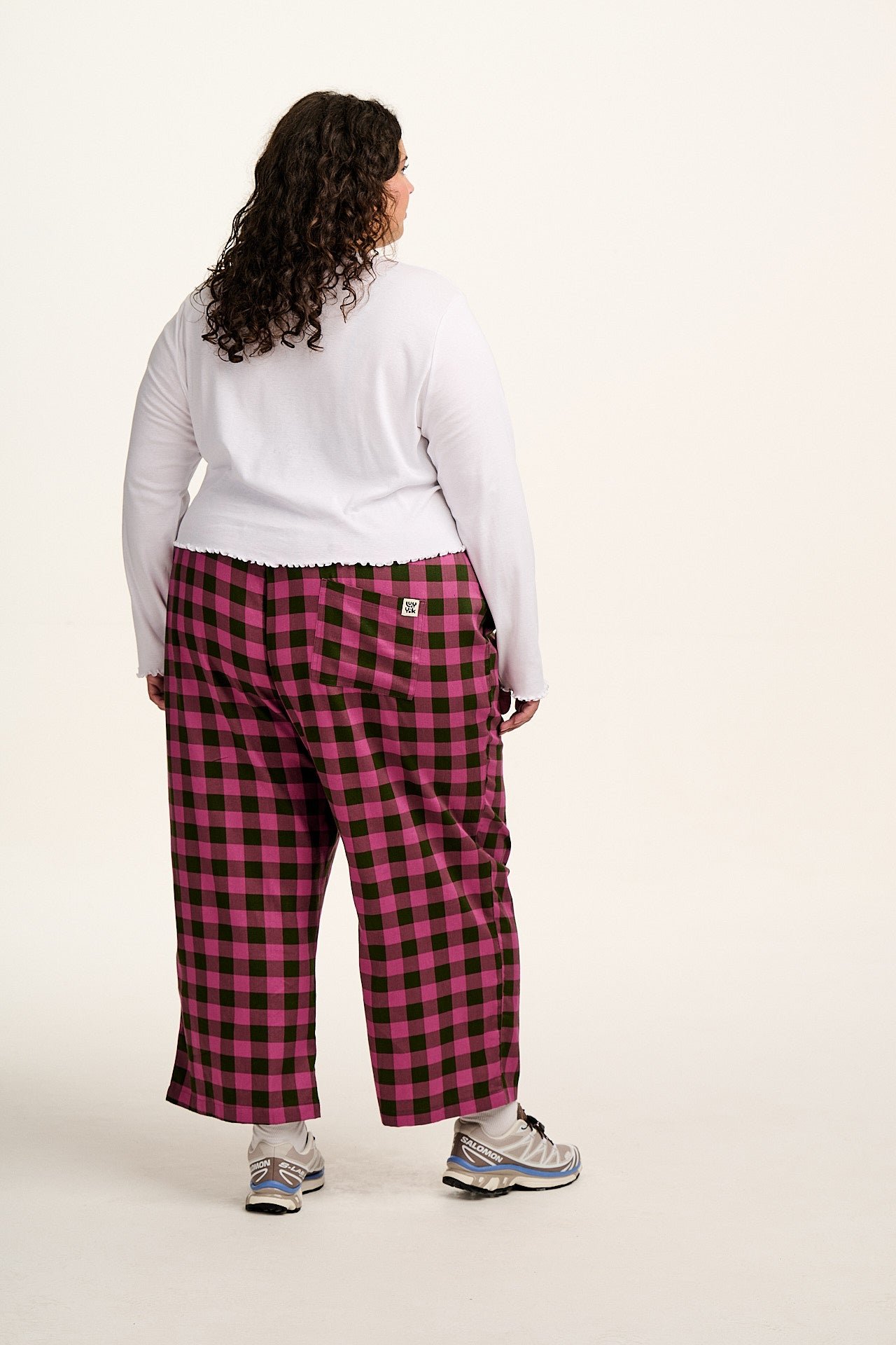 Chuck - Wide Leg Cotton Trousers in Pink and Green Checkerboard - Image 11