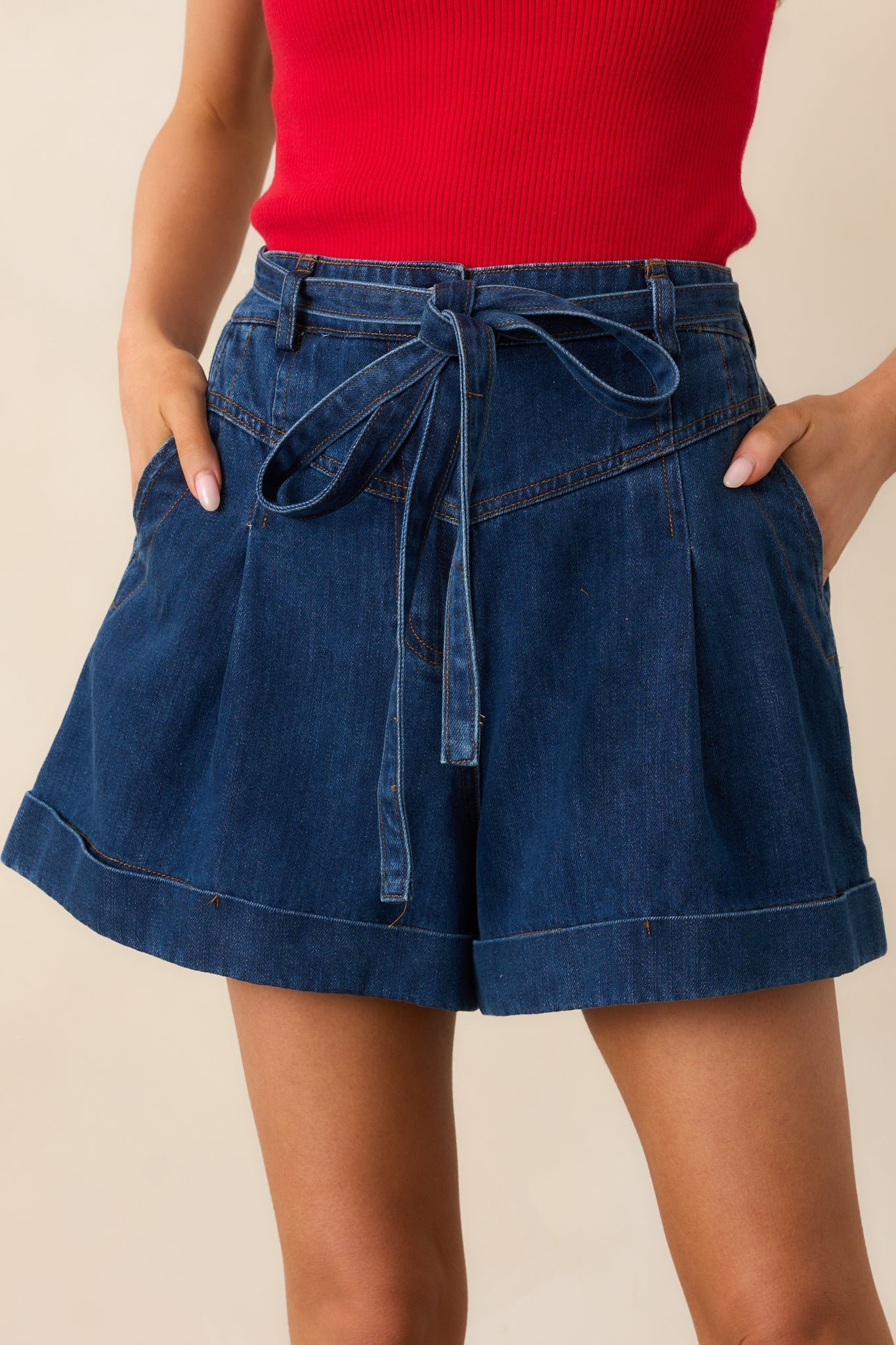 Never Out Of Style Belted Dark Wash Denim Shorts