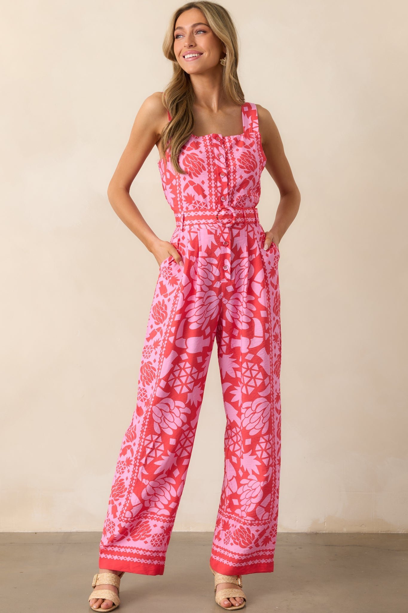 Take The Leap Coral Pink Floral Button Front Belted Jumpsuit