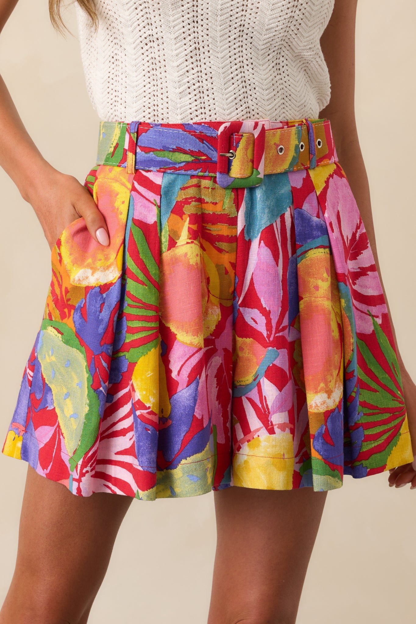 Light On the Horizon Pink Tropical Print Belted Linen Shorts - Image 2