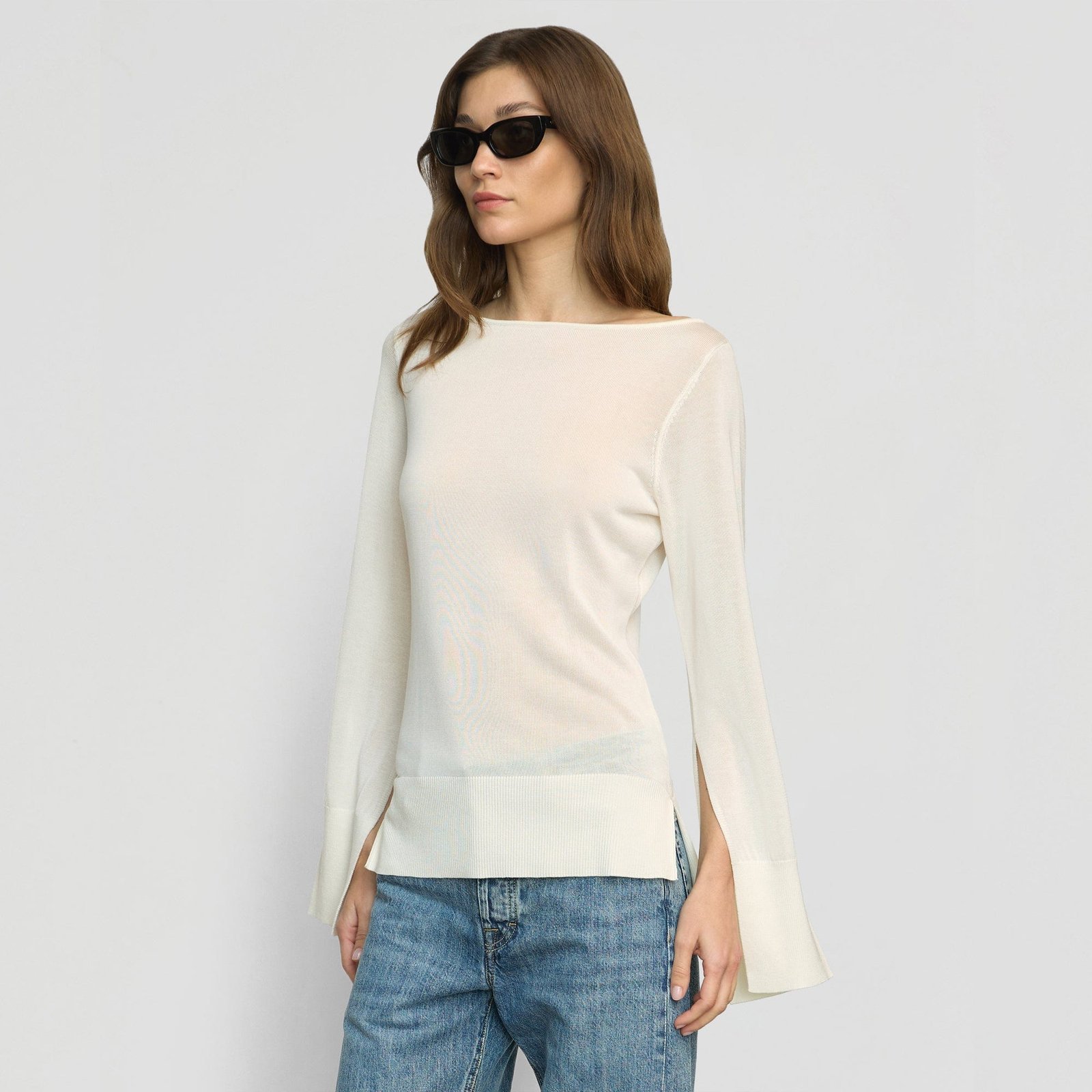 Keegan Semi-Sheer Slit-Neck Knit Top
