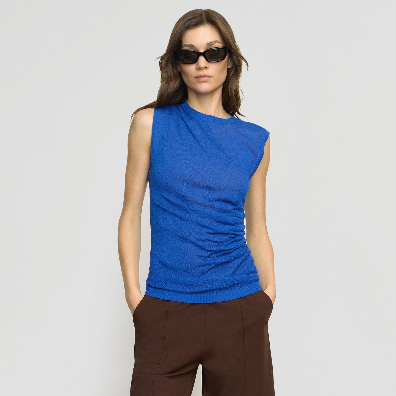 Mikey Semi-Sheer Asymmetric-Ruched Top