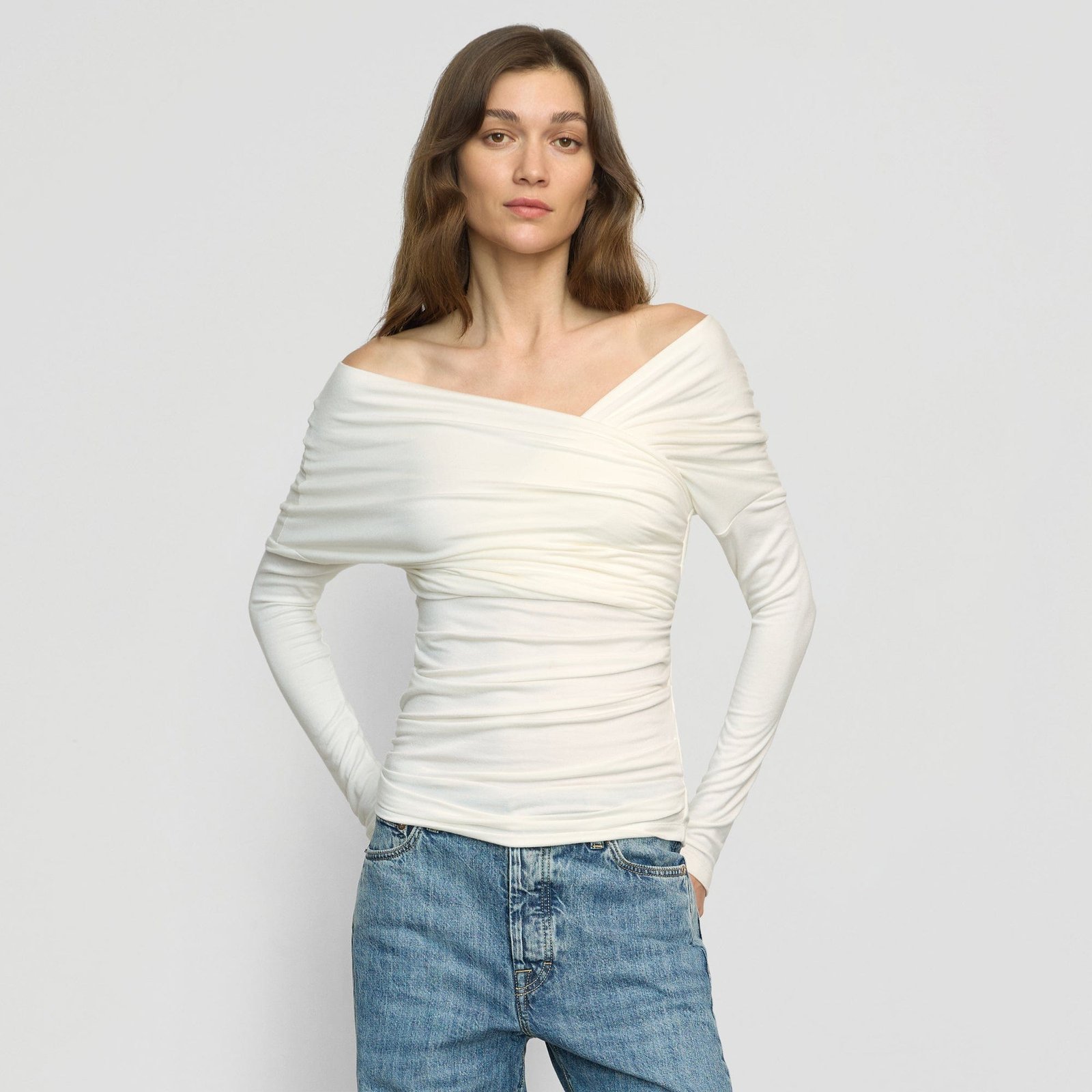 Theresa Ruched Off-Shoulder Long-Sleeve Tee