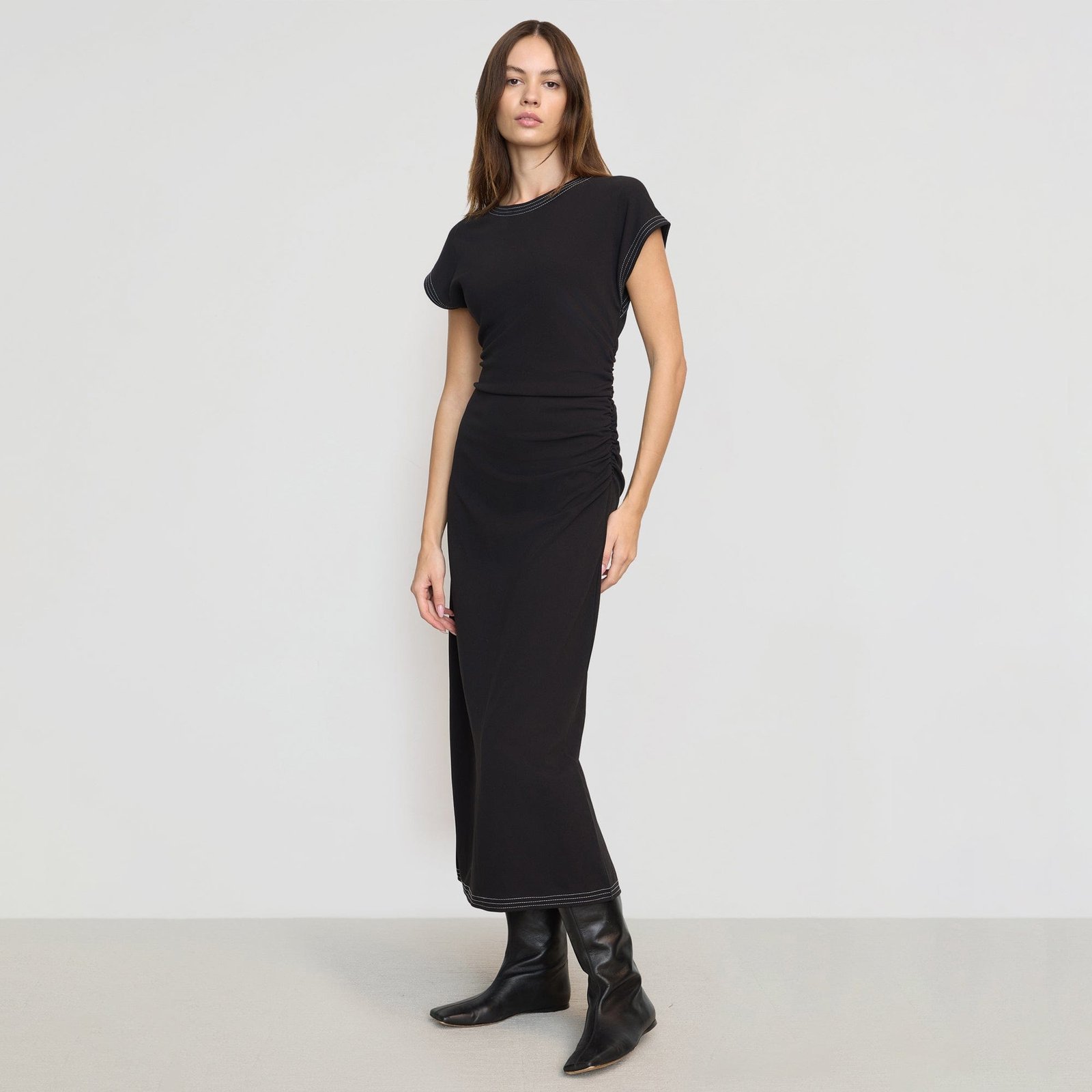 Vela Contrast-Stitch Ruched-Waist Dress